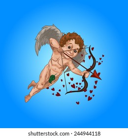 vector valentines cupid character with bow and arrow and lots of small red hearts