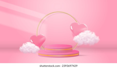 Vector valentines day with 3d cylinder pedestal podium with gold, heart and cloud. Realistic Vector Illustration