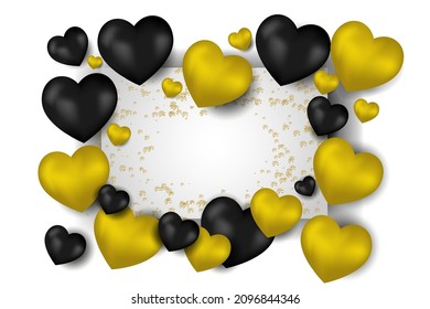 Vector. Valentine's day abstract background. Realistic 3d black and yellow 3d balloons. Heart shape. February 14th, love. Romantic holiday card, invitation, cover, banner, poster. Copy space for text.