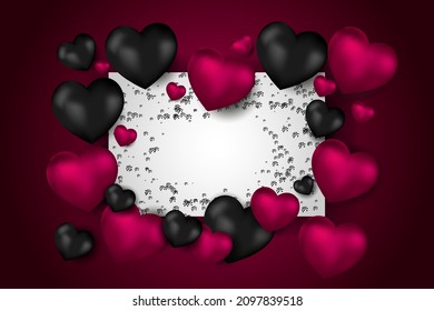 Vector. Valentine's day abstract background. Realistic 3d black and purple 3d balloons. Heart shape. February 14th, love. Romantic holiday card, invitation, cover, banner, poster. Copy space for text.