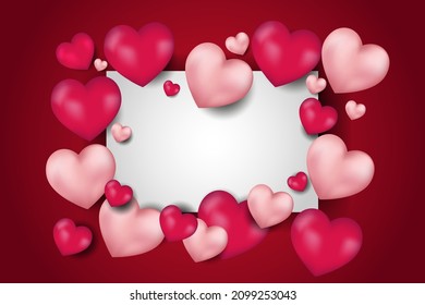 Vector. Valentine's day abstract background. Realistic 3d red and pastel 3d balloons. Heart shape. February 14th, love. Romantic holiday card, invitation, cover, banner, poster. Copy space for text.