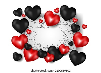 Vector. Valentine's day abstract background. Realistic 3d black and red 3d balloons. Heart shape. February 14th, love. Romantic holiday card, invitation, cover, banner, poster. Copy space for text.