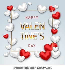 Vector Valentine's Day Background with 3D Red and White Hearts. Golden Text Vector Realistic Holiday Banner,