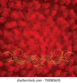 Vector Valentine's Day background. Card  with golden pattern on red heart background