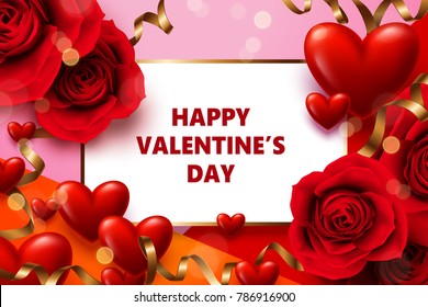 Vector Valentine's Day background design, pink heart-shaped balloon, ribbons and roses , for Valentine's Day invitation or party. Poster. Banner. Label. Card.
