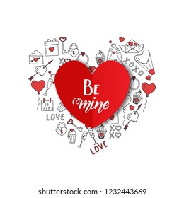 Vector Valentine's Day background with line art icons in the shape of a heart. Valentine card with handwritten lettering quote - Be mine. Hand drawn love symbols.