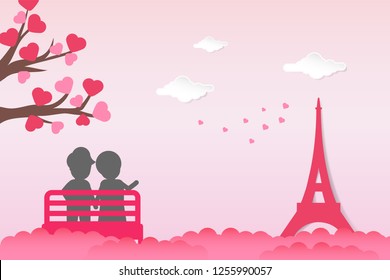 Vector valentines day background in paper cut style design. Two couples siting in a chair outdoors with love tree heart shape leaf, pointing at Eiffel tower. Couple lovers scenery in Paris. 