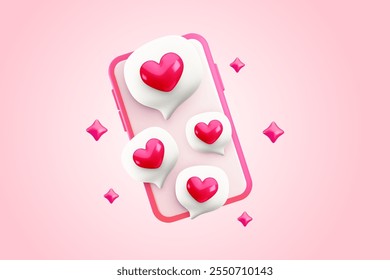 Vetor Valentines Day fundo com smartphone rosa e amor balões de fala com corações vermelhos. Ilustração realista do dia dos namorados do desenho animado 3d para namoro aplicativo, saudação, mensagem de amor modelo banner.