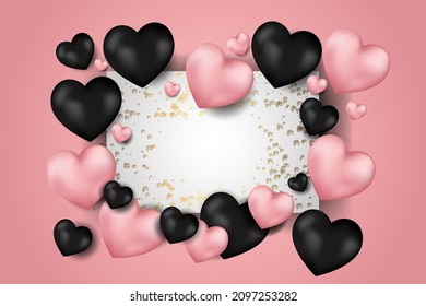 Vector. Valentine's day background. Realistic 3d black and pastel pink 3d balloons. Heart shape. February 14th, love. Romantic holiday card, invitation, cover, banner, poster. Copy space for text.