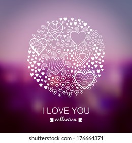 Vector Valentine's Day background, round, circle made of hearts.Blurred template, holiday. Invitation card in a tribal style. Pink stylish backdrop for you text. Greeting card,wedding invitation.