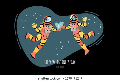 Vector valentine's day banner with cute couple of astronauts in flat cartoon style