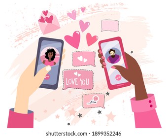 Vector Valentine's Day banner with hands holding smartphones. Concept online dating in quarantine
