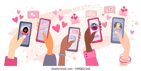 Vector Valentines Day banner with hands holding smartphones. Concept online dating in quarantine