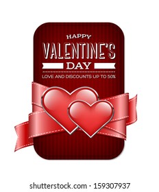 Vector valentine's day banner with silky ribbon and two glossy hearts