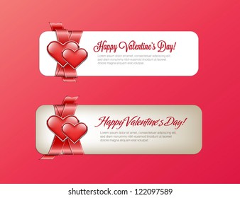 Vector valentine's day banners with satin red ribbon and two glossy hearts