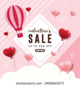 Vector valentines day big discount sale poster design with love elements and editable text on pink