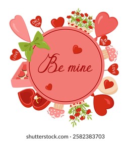 Vector Valentine's Day card with circle inscription. Be mine. Color image of bouquet of flowers, balloons and candies. Declaration of love. Holiday elements isolated on white background