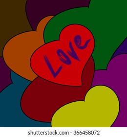 Vector Valentine's Day Card with copy space. Colorful wedding invitation background. Love, feelings and wedding concept. Hearts with word "Love"