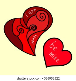 Vector Valentine's Day Card with copy space. Colorful wedding invitation background. Love, feelings and wedding concept. Set of two valentine's hearts with words "I am yours" and "be mine"