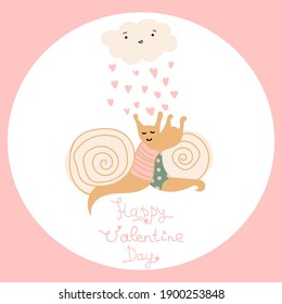 Vector Valentine's Day card. Couple of cute little snails together. Сloud with pink hearts.   Cartoon illustration. Perfect for Valentine Day poster or greeting card, banner
