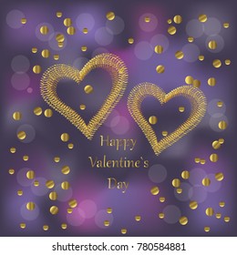 Vector of Valentine`s day card with couple gold hearts on festive background with gold glitter confetti and words Happy Valentines day