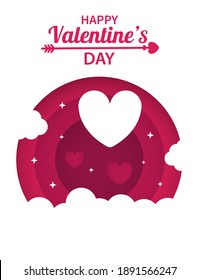 Tarjeta vectorial de San Valentín con efecto de papel cortado. Un corazón que vuela alrededor de las nubes sobre un fondo rojo. Ilustración contemporánea. Concepto de San Valentín. Papel de escritorio, volantes, invitaciones, afiches