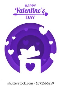 Tarjeta vectorial de San Valentín con efecto de papel cortado. Caja de regalo alrededor de la cual vuelan los corazones. Ilustración contemporánea. Concepto de San Valentín. Papel tapiz, volantes, invitaciones, carteles, folletos, pancartas.