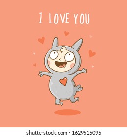 Vector valentines day card with cute hare. The cheerful rabbit declares love. Contour colorful image.