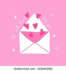 Vector valentines day card. Cute flat hand drawing design letter with hearts. You are loved message