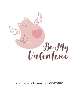 Vector Valentines Day card with cute hand drawn cat, heart, wings and lettering Be My Valentine isolated on white background. Holiday illustration design for banners, greeting cards, print