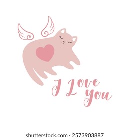 Vector Valentines Day card with cute hand drawn cat, heart, wings and lettering I Love You isolated on white background. Holiday illustration design for banners, greeting cards, print
