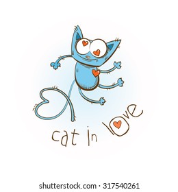Vector Valentine's Day card with cute cartoon blue cat in love.
