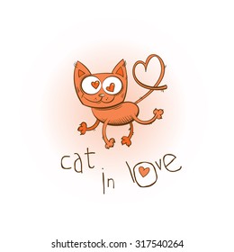 Vector Valentine's Day card with cute cartoon pink cat in love.