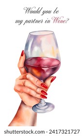 vector Valentine's Day card design. watercolour hand with glass of wine. 