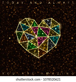 Vector Valentine's day card with diamond heart, made of triangles on dark gold bokeh background whith shine effect.