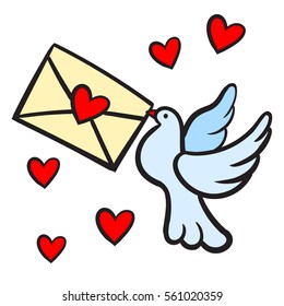 Vector Valentines day card with a dove with a letter and hearts.
