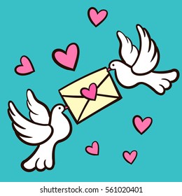 Vector Valentines day card with a dove with a letter and hearts.