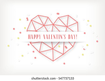 Vector Valentine's day card. Geometric red heart made of triangles on white background. Big icon made of thin line.