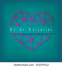 Vector Valentine's day card with geometric pink heart made of triangles on green background. Big icon made of thin line.