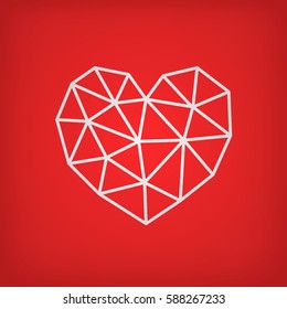 Vector Valentine's day card. Geometric white heart ,made of triangles, on red background. Big icon made of thin line.