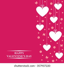 Vector Valentine's day card with hanging white hearts, labels, decorated pink flowers and butterflies on fuchsia background