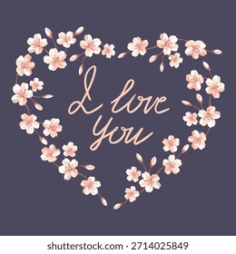 Tarjeta del día de San Valentín del Vector con un corazón dibujado de flores y una letra manuscrita