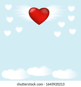 vector of valentines day card with hearts,wings and clouds