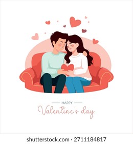 vector Valentine's day card with the image of a young couple sitting on the couch, the concept of comfort, warmth and care