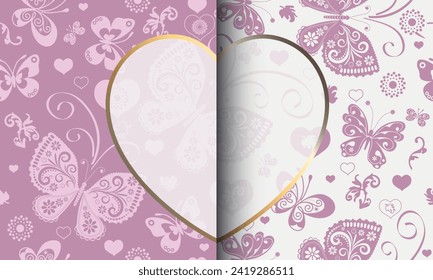 Vector Valentines Day card with lacy rose butterflies and big white heart and place for your text. Seamless pattern