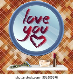 Vector Valentine's day card with  lettering "Love You" written in lipstick on the bathroom mirror on the background of the tile