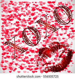 Vector Valentine's day card with lipstick kiss, lettering "XOXO" and background of many red hearts