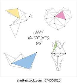 Vector Valentine's day card with origami heart, bird, flower and paper boat 