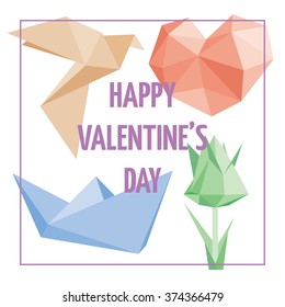 Vector Valentine's day card with origami heart, bird, flower and paper boat 