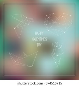 Vector Valentine's day card with origami heart, bird, flower and paper boat on bokeh background